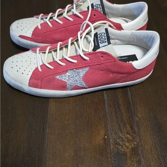 Golden Goose Red Suede & White Leather Low-Top Sneakers with Silver Star - Picture 2 of 4